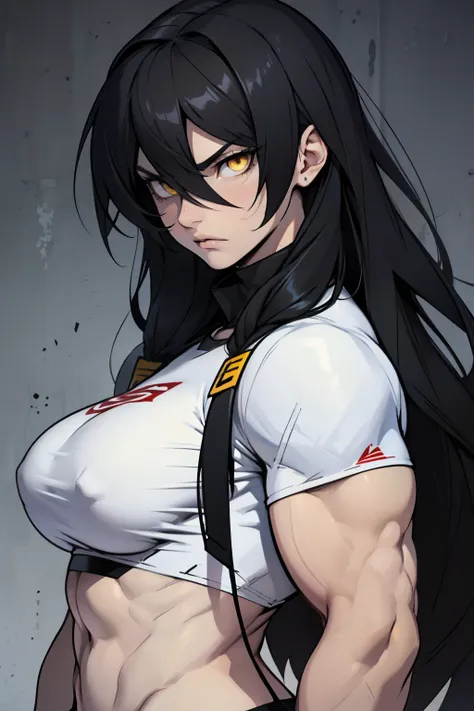 pale angry muscular girl thick breast black hair yellow eyes long hair hair between eyes