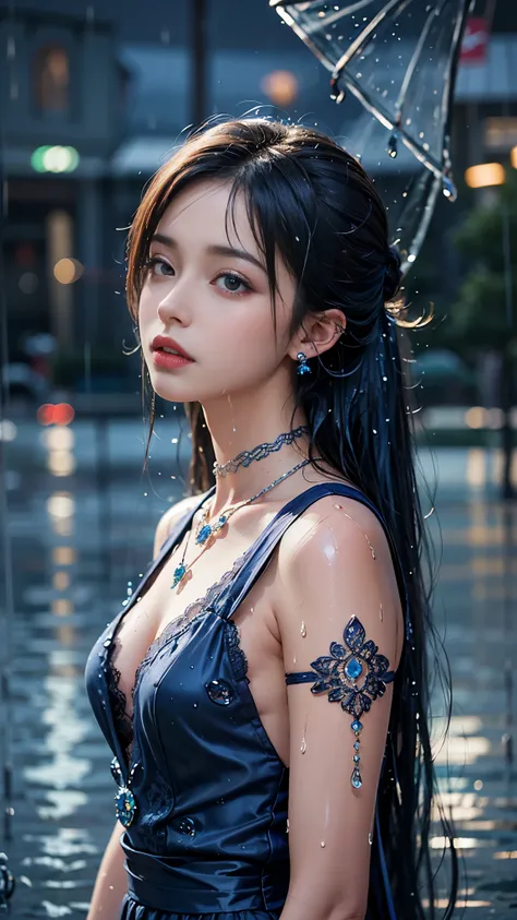  ((best quality)), ((masterpiece)), (detailed), 1 girl, good face, ultra long hair, blue hair, impressive hairstyle, small breasts, (wet body:1.2), (blue lace:1.5)), (transparent lace:1), (jewellery:1.5), disney castle background, (rainy weather:1.5),