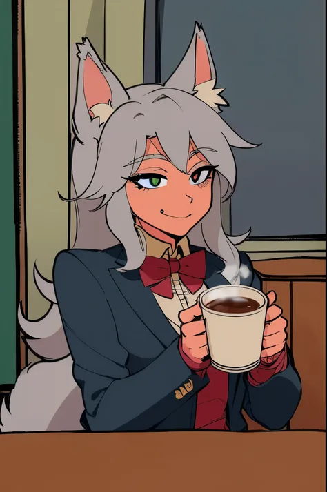 cartoon of a wolf with a cup of coffee in a room, morning coffee, (sfw) safe for work, hot coffee, oc commission, commission for high res, portrait of morning coffee, mysterious coffee shop girl, late morning, drinking coffee, morning time, waking up, casu...