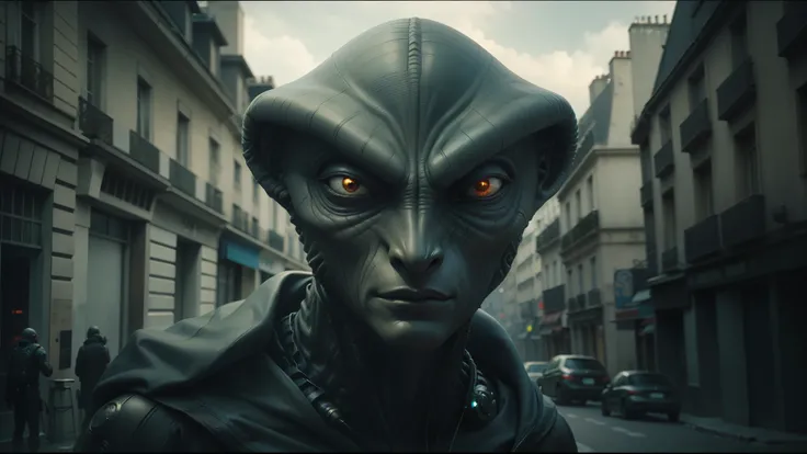 a close up of a person wearing a alien face mask, cinematic effects vfx, cinematic paris, aliens in the background, interesting character design, nomad, still frame from a movie, sectoid, french comic art, syndicate(2012), abduction, paris, after effects -...