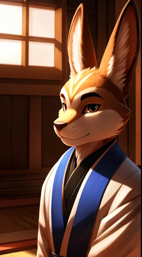 Uploaded to E621, anthropomorphic, male, bunny, peach and white fur, dressed like Zell Dincht, cinematic lighting, detailed background of the inside of a dojo, half body shadow, detailed ambient light, sharp focus, soft shaded, Furry Fantasy Art, Anthro Ar...