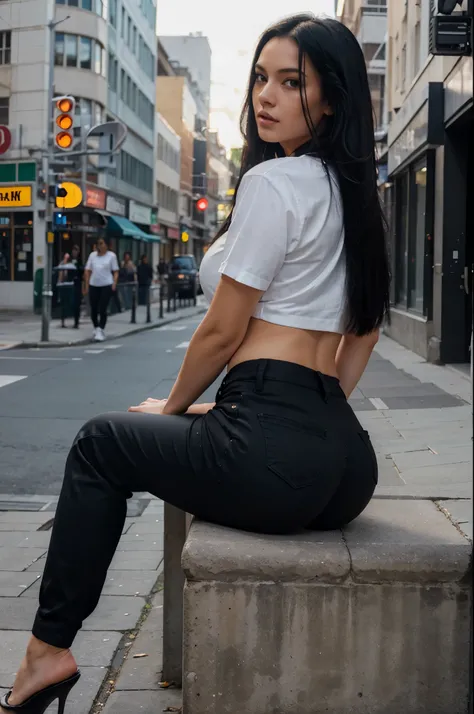 Sexy woman standing in the street, sitting in a step.. Long black hair. Busty and big ass. Wearing black trousers and white shirt. Perfect body. sexy pose. Good anatomy. Photorealistic. Realistic colors. Realistic lights. Masterpiece. Realistic anatomy. di...