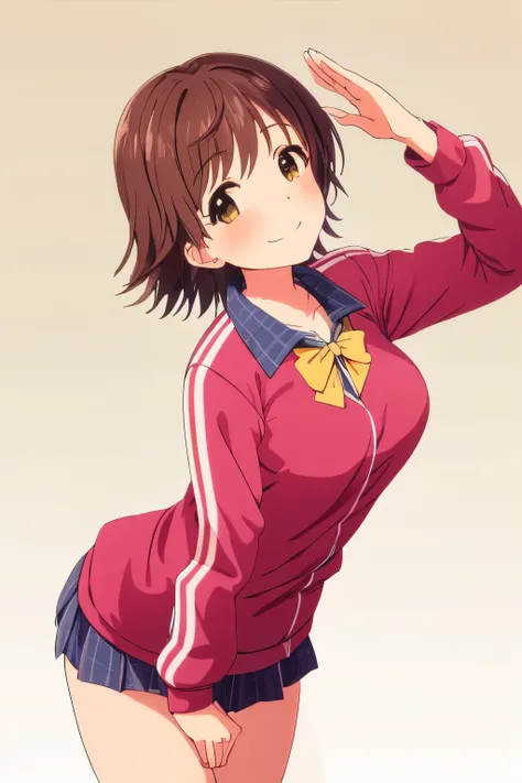 (((pixel-perfect, detail-perfect))), solo, 1girl, mio honda, school uniform, bow, track jacket, looking at viewer, smile, leaning forward, salute, saluting 