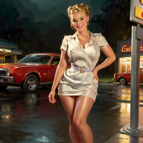 nsfw, photorealistic, beautiful face, (masterpiece:1.4), (best quality:1.4), extremely detailed, hyper-detailed, soft lighting, 38 years old very wet pin-up woman standing in the rain at a red retro car,  big breasts, hard nipples, short blonde hairbun, sh...