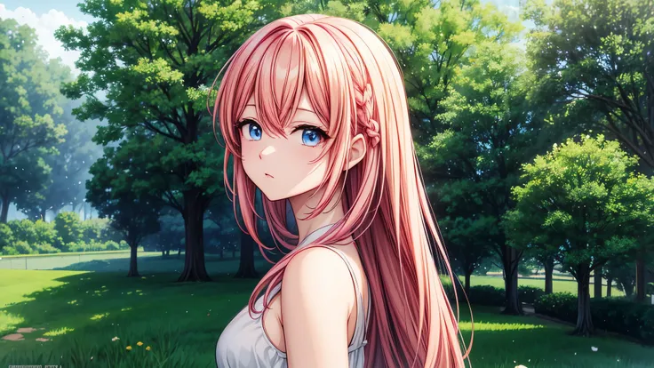 anime girl with pink hair and blue eyes standing in front of a tree, estilo anime 4k, Fondo de pantalla de arte anime 4K, Fondo de pantalla de arte anime 4k, arte de anime digital detallado, hermoso retrato animado, fondo de pantalla de arte anime 8 k, her...