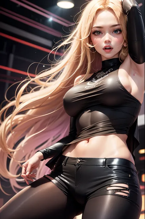 blonde woman with long hair using black pants and black shirt having fun dancing in a dance club  --auto --s2