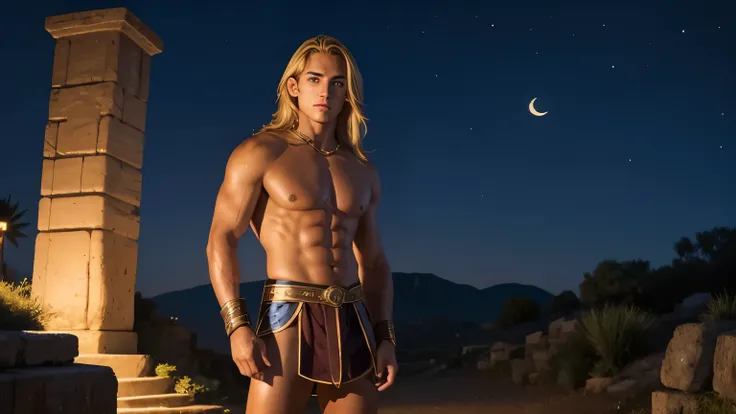 A young handsome gladiator. Tanned skin. Lean. Blonde middle parting hair. Brown eyes. Kind. Friendly. Young. Wearing gladiator trunks. On an hill in the nighttime. Crescent is shining.