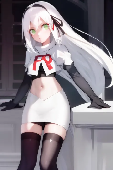 masterpiece, best quality, highres, 1girl avilia white hair green eyes, team rocket,team rocket uniform, red letter r, white ski...