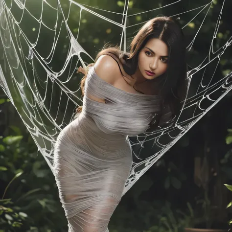 off-shoulder, helpless, caught in the web, spider on background top, tentacles, bound, restrained, in the spider web, dirty cocoon,  fearful face, shy,  slave