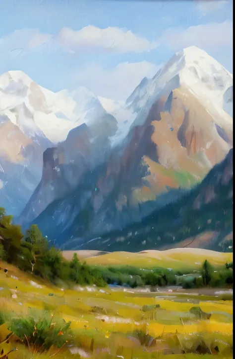 (oil painting),(best quality,4k,8k,highres,masterpiece:1.2),ultra-detailed,(realistic,photorealistic,photo-realistic:1.37),wide mountains,green grasses,stunning landscape,vivid colors,dramatic lighting,peaceful atmosphere,soft clouds