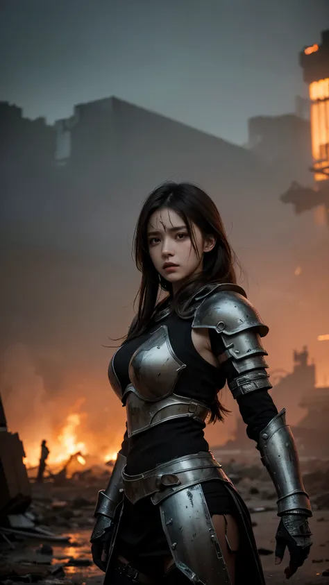 A woman wearing broken armor, the background apocalyptic scene, looking directly to the camera, cinematic photography, detailed everything, detailed face ultra detailed visual illustration 