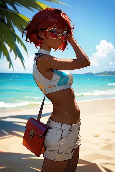 woman, dark skin, short red hair , at beach, holding sun glasses, wearning summer autfit