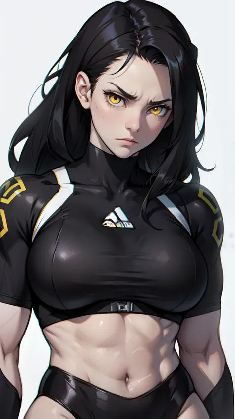 pale girl muscular girl huge breasts black hair yellow eyes expressionless sad