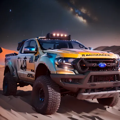 Ford Ranger 2014 truck with lights on driving through the desert at night, vehicle photography, trophy truck, Daniel Maidman octane rendering, made in unreal engine 5, vehicle concept photo!!, ultra 4 k concept turnaround, 8 k high detail concept art, ford...