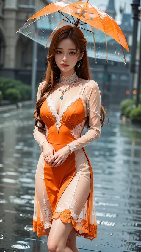  ((best quality)), ((masterpiece)), (detailed), 1 girl, good face, ultra long hair, orange hair, impressive hairstyle, (wet body:1.2), (orange lace dress:1.5)), (long lace:1.5), (transparent lace:1.4), (jewellery:1.5), disney castle background, (rainy weat...