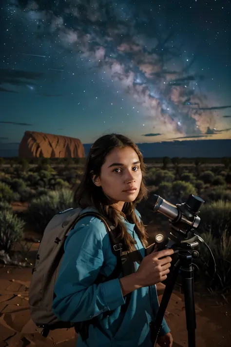 2020s Australian Outback Stargazing Adventure (Location: Uluru):
Character: A young woman in her twenties with a telescope, embarking on a stargazing adventure in the vast Australian Outback near Uluru during the 2020s. Evoke the cosmic wonder with Wes And...