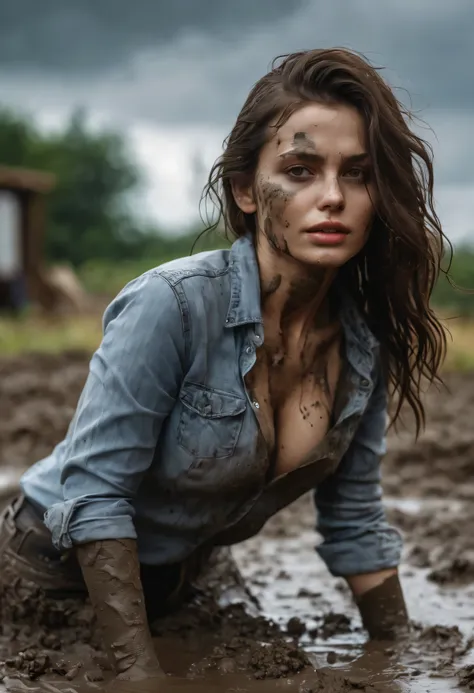 (best quality, highres, ultra-detailed, realistic:1.3), shameful fetish atmosphere, woman taking a mud bath, jeans covered with mud, expression of despair, blouse, dramatic lighting, seductive gaze, outdoor, золотой час