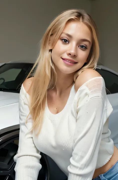 hyper realism photo, 8k, Over the shoulder, best quality, (photorealistic:1.4), 1girl, day lighting, very long legs, big breast, big eyes, white blond hair, big smile, in white sweater and black jeans, siting in sport car, blue eyes, small tiny nose, sharp...