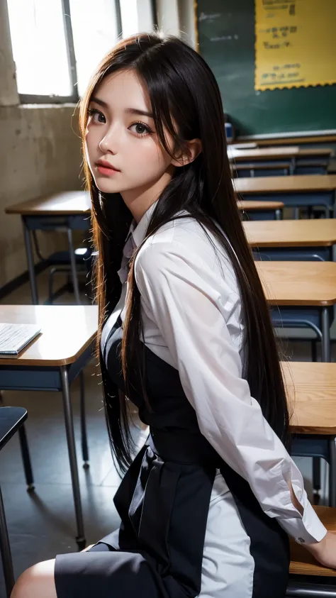 (A sexy sensual girl long hair) , uniform, kissing a teacher short-hair-middle-aged man, in the classroom, ultra detailed picture, 4k photography, 