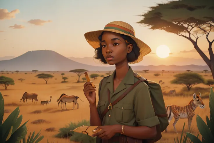 1930s African Safari Animal Communication (Location: Serengeti):
Character: A teenage girl with a sun hat, communicating with animals through a magical talisman on an African safari in the Serengeti during the 1930s. Capture the mystical connection with We...