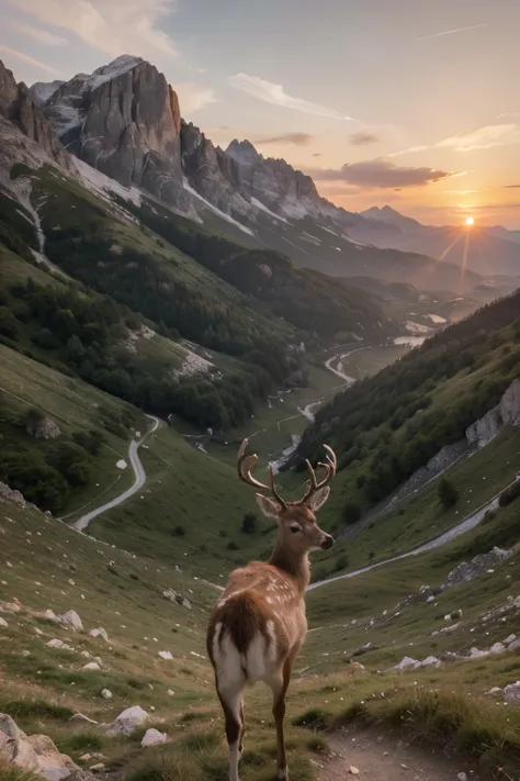 ((best quality)), ((masterpiece)), (detailed), (mountains scenary like in the Dolomites), (dream landscape scenary), (sunset), (red purpled pink colored sky), (a deer which is watching back )