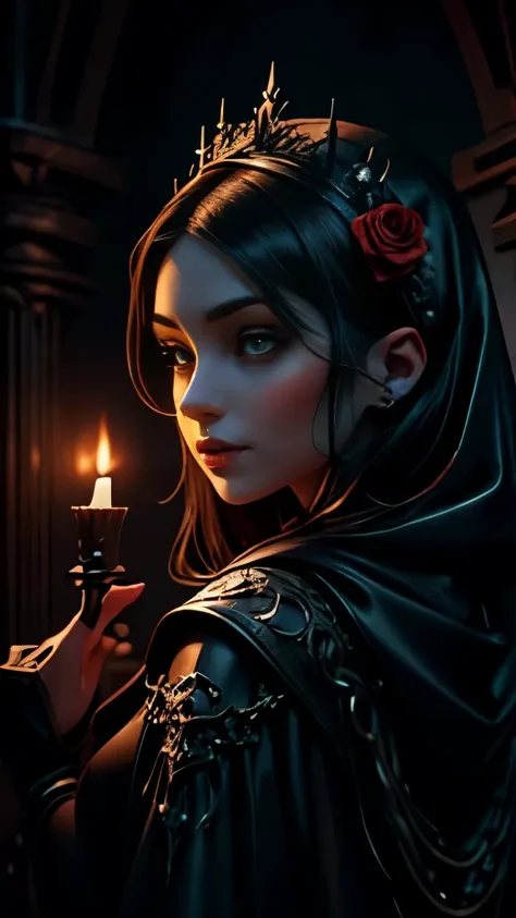 ((masterpiece)), ((best quality)), ((close-up: 1.0))a woman with a hood and roses in her hair, dark fantasy art style, in the st...