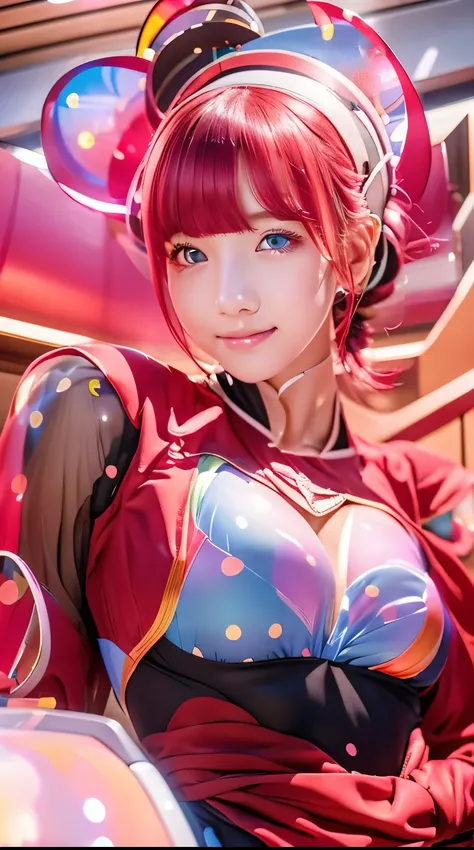 Cute redhead, gravure Idol, with rainbow colored hair tips, ribbons in her hair, 18-year-old woman, happy, in twin tails, perfect symmetrical eyes, clear sparkling blue eyes, pale skin, silky , standing on a fancy luxurious space ship, large futuristic cor...