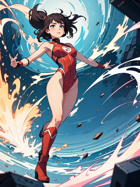 1girl, solo focus, superhero, leotard, bare legs, boots, spinning her body in rapid speed like a tornado