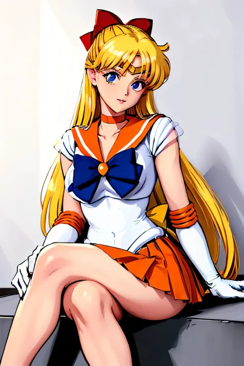 obra maestra, Mejor calidad, high resolution, SV1, Uniforme Marinero Senshi, falda naranja, guantes de codo, tiara, Collar marinero naranja, Arco rojo, gargantilla naranja, guantes blancos, joyas, (1990s (Estilo):0.9), Detalle de cara, session, piernas cru...