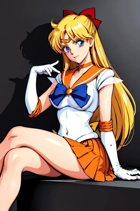 obra maestra, Mejor calidad, high resolution, SV1, Uniforme Marinero Senshi, falda naranja, guantes de codo, tiara, Collar marinero naranja, Arco rojo, gargantilla naranja, guantes blancos, joyas, (1990s (Estilo):0.9), Detalle de cara, session, piernas cru...