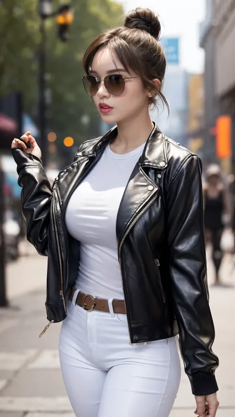 (masterpiece:1.2, best quality), 1lady, solo, upper body, big tits,sexy transparent leather jacket paired with a classic sexy transparent white t-shirt and sexy transparent jeans Confident and effortless with minimal makeup and a messy bun (Music festival ...