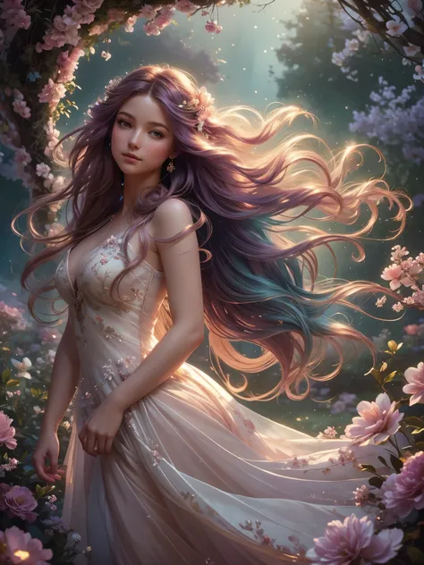 soft lighting, dreamy atmosphere, ethereal aesthetic, fantasy theme, nature elements, floral background, delicate details, flowing hair, whimsical pose, vibrant colors