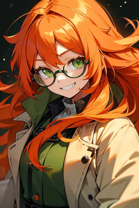 long fluffy orange hair, glasses, green eyes, scientist coat, grin