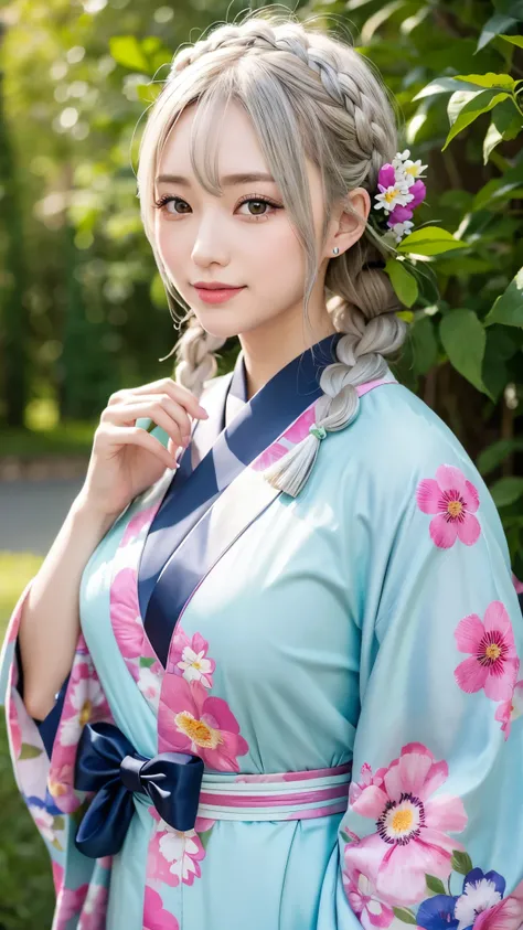 beautiful silver-haired kimono woman、fancy floral kimono、My cute girlfriend is a kimono model.、green eyes、Beautiful smile、he is short、Braid、hair ornaments、Colorful and flashy kimono、