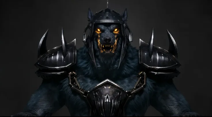 (masterpiece),(best quality:1.0),(ultra high resolution:1.0),monster, werewolf, zombie wolf, zombie , body hairs, chains, yellow eyes, metal armor, helmet metal, menacing look,claws, fangs, wolfteam, 8k wallpaper, full body