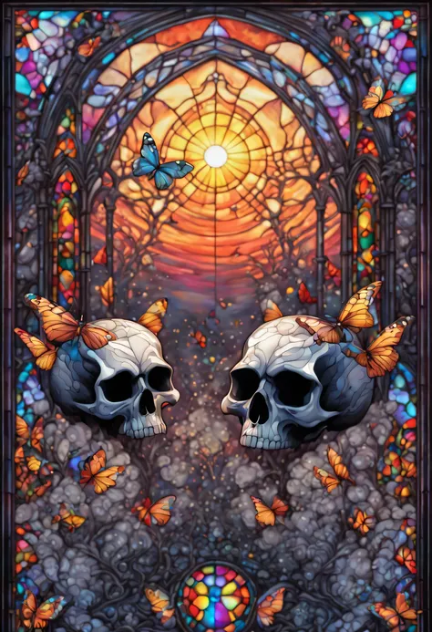 A magnificent sunrise, with a flock of butterflies with psychedelic vortices, with skulls scattered on the ground. And a detailed and textured tesseract in the background with dust drop of fire, in stained glass windows style, and b&w style 