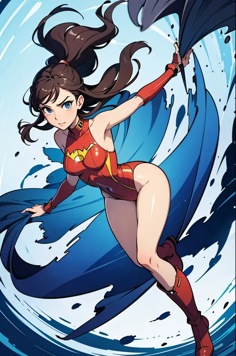 1girl, solo focus, superhero, leotard, highleg leotard, bare legs, boots, tight belt, mature lady, spinning her body in rapid speed like a tornado, wind swirls