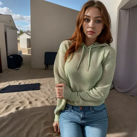 arafed woman fully ,  with green eyes, ultra realistic, meticulously detailed, portrait sophie mudd, red hair and large eyes, selfie of a young woman, bedroom eyes, violet myers, without makeup, natural makeup, looking directly at the camera, face with art...