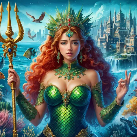 AMBER HEARD mujer hermosa, caucasian, pelo color rojo y largo, ojos claros, mojada, tiara verde, vestida con traje de armadura cuerpo completo color azul y verde con escamas, mera reyna de atlantis, sosteniendo un tridente, in defense position to attack, a...