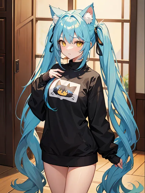 long hair, Twintail, light blue hair, yellow eyes, cat&#39;s ears, cat tail, big tits, Wear a sweatshirt, Longstocking, night, wearing black gloves, inside the house