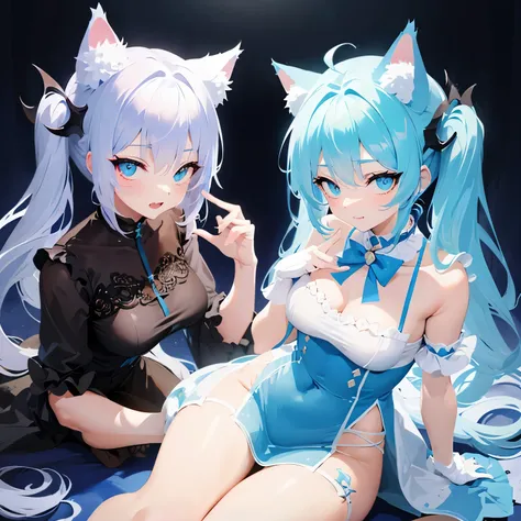 Light blue twintails female cat ears double teeth horns dragon