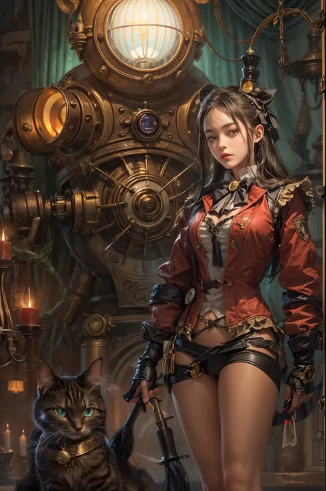 "Steampunk girl with a cat robot companion, poised in a candlelit room,  eye contact with the viewer, captured in a wide-angle shot."