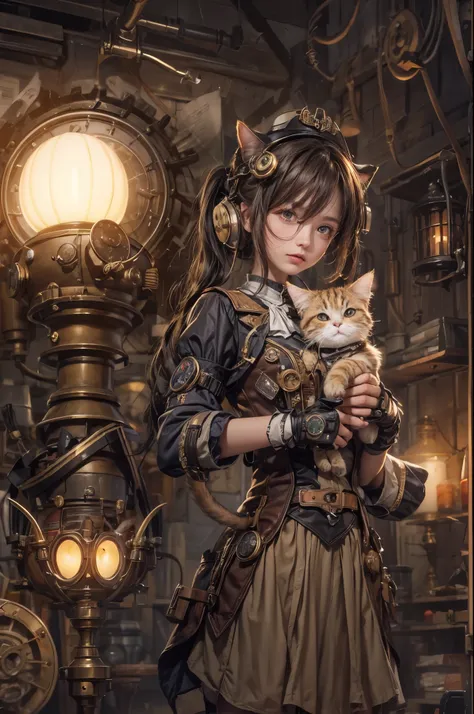 "Steampunk girl with a cat robot companion, poised in a candlelit room,  eye contact with the viewer, captured in a wide-angle shot."