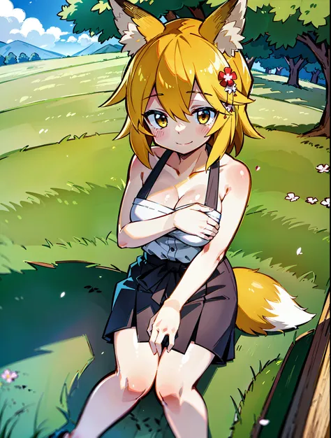 (Best Quality,4k,hight resolution,Masterpiece:1.2),detailed fox ears, multicolored flowers, field with beautiful trees, max detail, village, at home, Beautiful cloud, shy smile.very huge breast