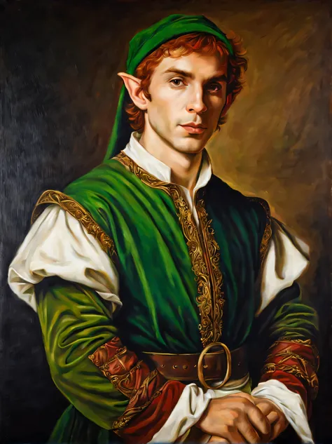 Portrait of a male elf in Renaissance clothing, oil painting on canvas, work of a famous Renaissance artist