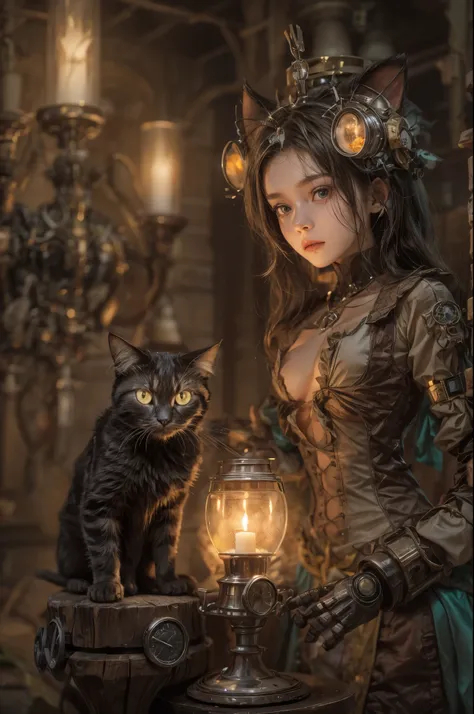 "steampunk girl with a cat robot companion, poised in a candlelit room,  eye contact with the viewer, captured in a wide-angle s...