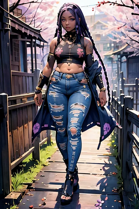 1girl, official anime art illustration, (long ((violet)) dreadlocks), violet eyes, rounded nose, cat eye makeup, ((tall plump dark-skinned older Caribbean woman walking down ornate detailed wooden bridge outside of Sakura forest)), small breasts, (wearing ...