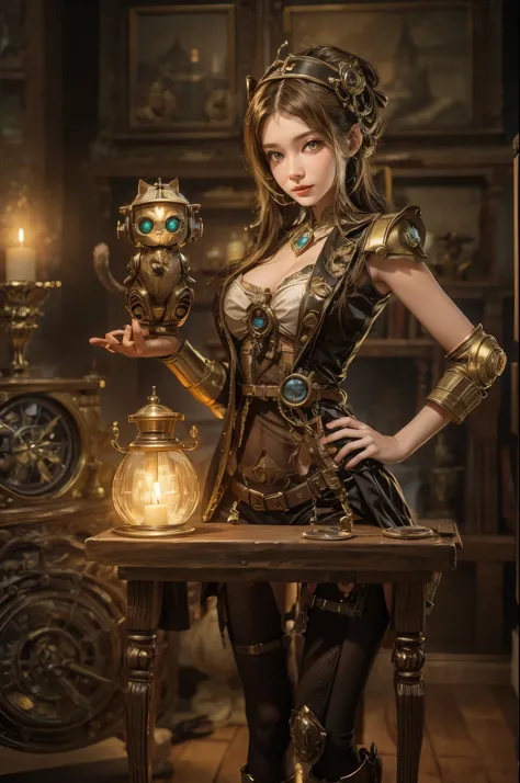 ( 3D rendering,steampunk Girl,beautiful detailed eyes, And a Robot cat with glowing eyes,antique brass and leather,wooden furniture,flickering candlelight,warm color palette,highres),slight smile on her lips".