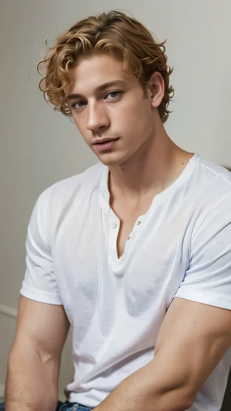 very handsome guy, wearing casual clothes, has blond curly hair, blue eyes, has a serious expression and is muscular, full body, watercolor style, looks like jeremy white,