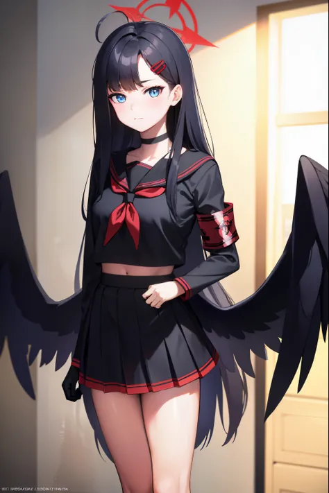 ichikanakamasa, ichika nakamasa, ahoge, black hair, black wings, feathered wings, hair ornament, hairclip, halo, long hair, low wings, red halo, wings,
BREAK armband, black choker, black gloves, black sailor collar, black serafuku, black skirt, choker, glo...